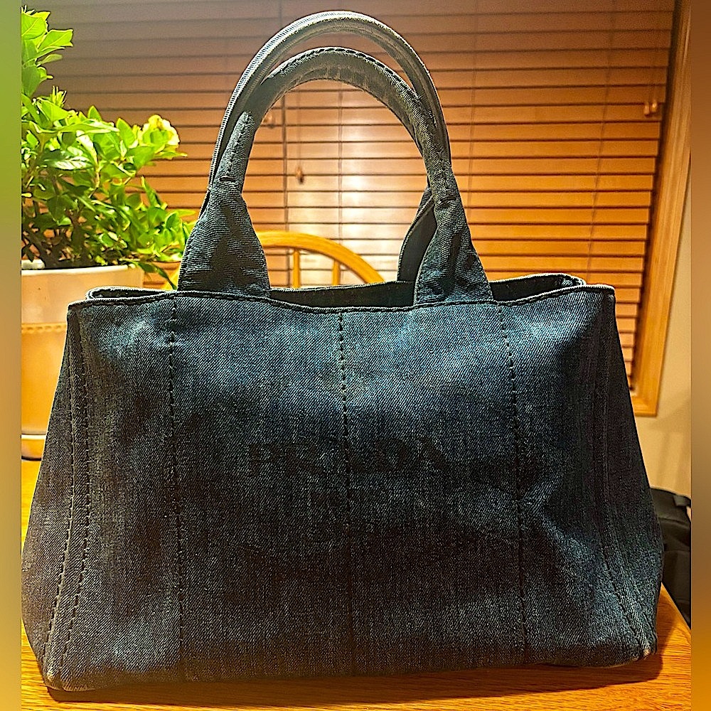 PRADA Canapa Tote Indigo Denim Hand Bag. Blue Denim/Gold tone hardware